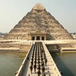 close establishing shot of many soliders marching in formation on a bridge leading to a gigantic pyramid temple, aerial symmetrical view, by martin deschambault