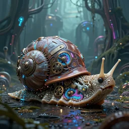 giant intricate mechanical snail with cybernetic enhancements and visible gears and fiber optics, on the background of a weird magical mechanical forest. Very detailed 8k. Fantasy cyberpunk horror. Sharp. Cinematic post-processing. Unreal engine. Nanite. Ray tracing. Parallax. Tessellation