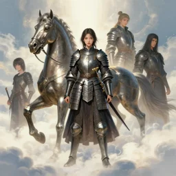 portrait of one full body girl medieval chines armor and one metal horse of light funder cloud poses valhala dream by gaston bussiere, anna nikonova aka newmilky, greg rutkowski, yoji shinkawa, yoshitaka amano, moebius, donato giancola, geoffroy thoorens, concept art, trending on artstation, featured on pixiv, cinematic composition, 8 k