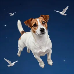 jack russel dog floating in the sky, birds eye view, surrounded by stars, at night time, stars, illustrated by peggy fortnum and beatrix potter and wayne barlow and sir john tenniel