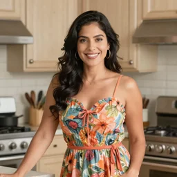 pretty hispanic housewife wearing a sundress in the kitchen