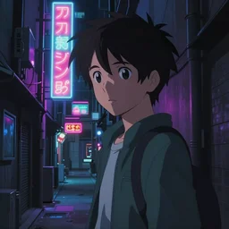 a close up of a city alleyway in the atmospheric cyberpunk anime film, neon noir, at night with neon lights, by makoto shinkai, in the anime film ergo proxy