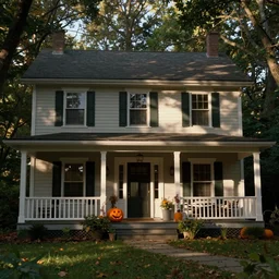 movie still of a jack o lantern on the front porch of a house in the woods