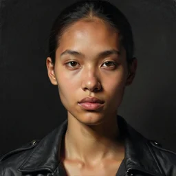 detailed portrait in femininity, realistic face sculpted features, ethnic, clear eyes, statuesque, jacket, tech noir, warm glowing skin, chiaroscuro, tangible, peach fuzz, angular impressionism, deep ambient backdrop, contemporary, modern fashion, natural colors, greg rutkowski and gaston bussiere and craig mullins and j. c. leyendecker