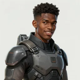 Portrait of a man by Greg Rutkowski, he is about 20 years old, black, french, shortblack curly hair, young, manly, attractive, strong, joking and friendly attitude, brother vibes, he is wearing futuristic military fatigues, highly detailed portrait, scifi, digital painting, artstation, concept art, smooth, sharp foccus ilustration, Artstation HQ