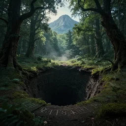 a mysterious sinkhole, a vast hole in the ground, by an ancient forest of gnarled trees leading up to a mountain, an ecological gothic scene, a bewitching darkness, witch runes in the deep forest surrounding the sinkhole, magical clearing, sunshafts, dramatic lighting, dust motes floating in the sunlight, 4 k concept art