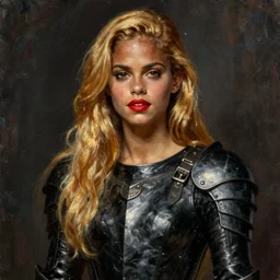 cold warrior portrait, mulatto, crossbreeding, beautiful face, beautiful features, red lips, long golden hair, black closed leather dress, leather armor, iron armor, alexander mcqueen clothing, very emma watson beautiful style, realism, oil, painting, edgard mcsons,