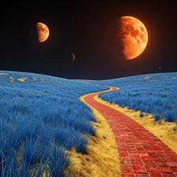 alien planet with blue field grass, yellow dirt, a red brick road, and three orange moons. ray tracing, volumetric lighting, extremely detailed and sharp