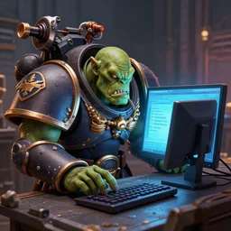 warhammer 40k ork using a computer to generate ai text to image