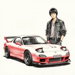 pen ink drawing black red 1999 FD RX-7 Shuichi Shigeno and Michiharu Kusunoki