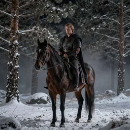 a movie still of marcus aurelius on a horse in a snowy pine forest by night, cinestill 8 0 0 t 3 5 mm, heavy grain, high quality, noir, natural textures, photorealistic, natural textures, ambient occlusion, hd, heavy fog