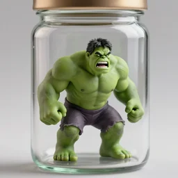 a tiny realistic proportioned hulk, upset screaming angry, inside a glass jar. sharp focus, photography, unreal engine, trending on artstation, photorealistic, octane, trending on deviantart, unreal engine