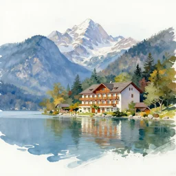 hotel by the lake, mountains, gouache painting, paint splatter