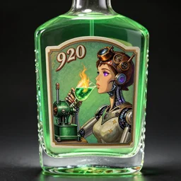 product photo of a luxury decorated crystal liquor bottle filled with green glowing liquid, label print is retro 1 9 2 0, text green machine, a female cyborg with purple glowing eyes and a steampunk diadem drinking a green drink with fire, highly detailed painting by studio ghibli and carravagio, leyendecker, craig mullins, nice lighting, smooth tiny details