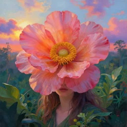 closeup, giant flower as a head, girl surrounded by djungle, surreal photography, sunrise light, colorful clouds, impressionist painting, digital painting, artstation, simon stalenhag