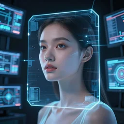beauty woman as a hologram, surrounded by led monitors, very detailed, dramatic laser lighting, detailed electronic case, electrical  details, high details, 4k, 8k, trending on artstation, by Hajime Sorayama and Boris Vallejo