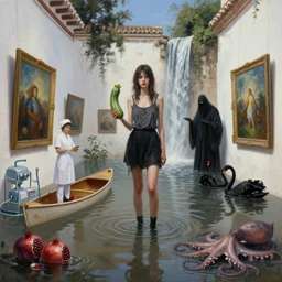 realistic painting of a flooded spanish art gallery in marbella old town, a tall emo girl, holding a courgette, paintings on walls, surgical equipment and nurse, canoe, pomegranates, floodwaters, squid ink, the grim reaper, waterfall from the wall, black swans, octopus, sensual, puddles, zen, surrealist, by magritte and monet