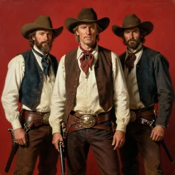 solomon joseph solomon and richard schmid and jeremy lipking victorian genre painting portrait painting of kevin costner a old rugged cowboys gunfighter old west character in fantasy costume, red background