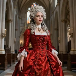 a beautiful female French Aristocrat vampire in the the middle of a gothic church. Powdered wig and a large, red silk dress. Concept art, highly detailed.
