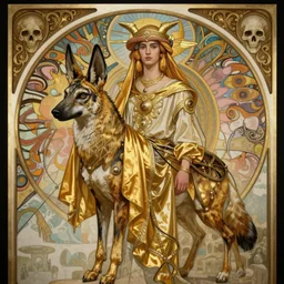 young arabian nomad half anubian jackal, with golden fabrics, masterpiece, celestial art, nouveau, demon goddess of death, baroque details, biopunk, doomcore decay, post apocalyptic, nicola samori, tadema, mucha, dieselpunk, highly detailed