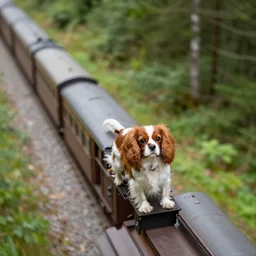 cavalier king charles spaniel, on a forest train, high angle, tilt - shift photography