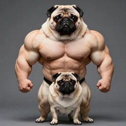 a pug with giga chad hyper muscular super masculine body builder physique, we see them from head to toe, extremely exaggerated omega chad muscles, high resolution photo