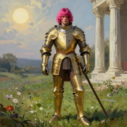 medieval noble male with magenta hair and pink bangs which partly cover his face, full body view, wearing golden full plate armor, dramatic pose, blood on his face, photorealistic oil painting in medieval style, sun in the sky, bloom, green grassy land and white marble columns in the background