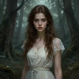 a beautiful brown - haired young woman with a summer dress in horror forest, intricate, elegant, highly detailed, digital painting, artstation, concept art, smooth, sharp focus, illustration, ethereal, misty, by ilya kuvshinov and jeremy mann, 8 k, octane render