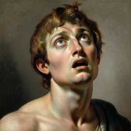 scared man looking up, high detail painting by michelangelo
