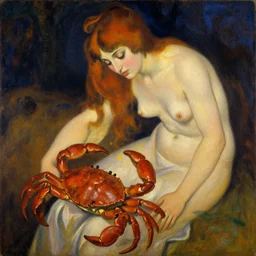 painting of a gemini goddess devouring cancer crab by tamara de lempicka