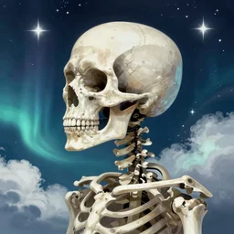 a detailed profile illustration of skelleton, aurora lighting clouds and stars by beksinski carl spitzweg and tuomas korpi. baroque elements. baroque element. intricate artwork by moebius. Trending on artstation. 8k