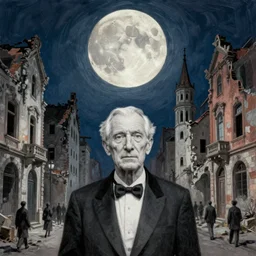 old white - headed man under the huge moon on a street of ruined city by beksinski and takato yamamoto and austin osman spare and edward hopper, very coherent, baroque elements
