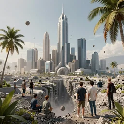 a matte painting of high - tech city, concept art, gravels floating, coconut palms, weightlessness, reverse, fractal landscape, sharp focus, cinematic, illustration, by oksana dobrovolska, vicotr hugo harmatiuk, joon ahn, yang qi, romain jouandeau, quy ho, karol bak, beeple, 4 k, unreal engine, vray render, artstation