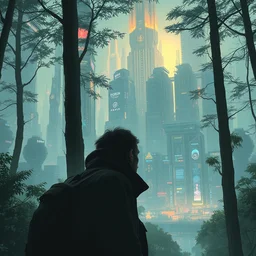 a man in the forest surrounded by futuristic city. nuri iyem, james gurney, james jean, greg rutkowski, anato finnstark.
