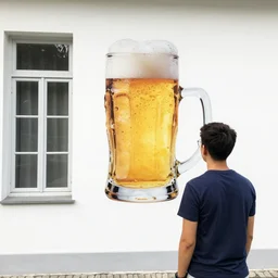 boy looking at the giant picture of beer cup on white wall with french window