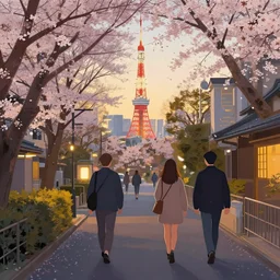 evening tokyo walk in tachikawa. volumetric lighting, spring early evening, ( golgden hour ), nice weather, realistic illustration, perfectly shaded, soft painting, art by krenz cushart and wenjun lin