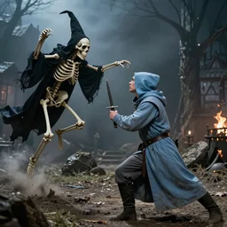 medieval man with a light blue hood fighting a flying skeleton witch, 1 9 9 1, movie still