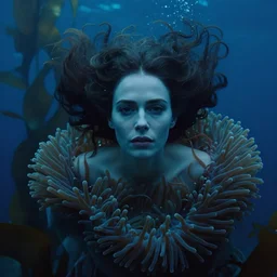 close up, moody cinematic photograph of a woman wearing a sea anemone dress, floating under the ocean, with detailed face, huge flowing hair by tim walker and wes anderson, in the ocean, deep blue colours, lots of detail, fine facial features, sea kelp forrest