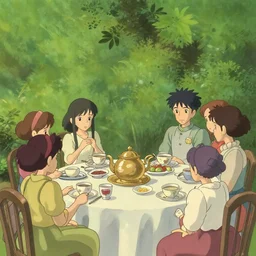 a photograph of a tea party with no one around, lonely, studio ghibli style color palette