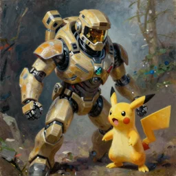 magnemite pokemon playing as master chief, oil on canvas, intricate, 8 k highly professionally detailed, hdr, cgsociety