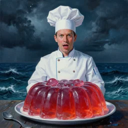 a photorealistic highly detailed painting of a y 2 k 1 9 8 0's jell - o chef on a stormy ocean by johfra bosschart, lisa frank, kinkade, visionary art, dark fantasy art, high detail, trending on artstation