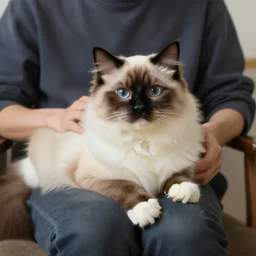 a realist painting of a ragdoll cat on a man's lap - 4