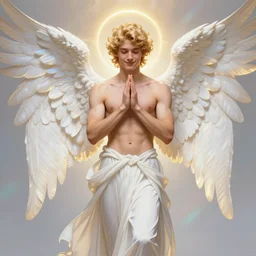 fullbody portrait of a beautiful young fit male angel with curly blond hairs, soft smile, closed eyes, blessing palms, dressed in long fluent skirt, majestic symmetrical eagle wings, luminous halo, by greg rutkowski and alphonse mucha, gradient white to gold, in front of an iridescent background, highly detailed portrait, digital painting, smooth, soft outline, focus illustration