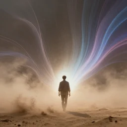 a human emitting an aura walking through a dust storm while normal!! and exponential!! curves!! from the universe flow through them, digital art, trending on art station, many smooth curves, inspiring, high resolution