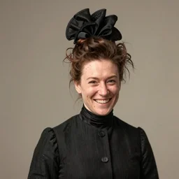 mid 1 9 th century, thirtysomethins years old, mischievous!!, smirking cate blanchett with termed kyphosis as an austro - hungarian woman ( with wart, messy bun, brown hair, huge black headgear ), daguerreotype by emil rabending