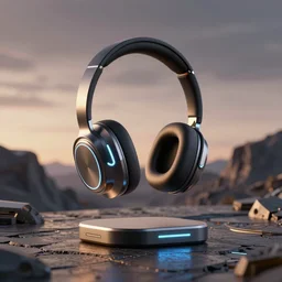 wireless headphone stand, futuristic, techno, cyberpunk, product design, render, concept, fun, geometric