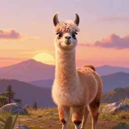 llama, sunset, mountain, disney pixar, highly detailed, trending in artstation
