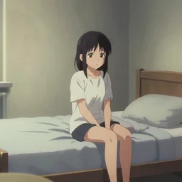 a film still of lone anime girl in white tshirt is sitting on poor bed in pale colors room in dark russian flat, anime