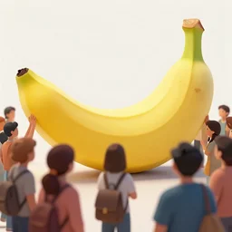 a crowd of people worshipping a giant banana