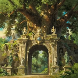 epic city gates from a mighty oak forest, beautiful architecture, statues, fine detail, atmosphere, golden hour, fantasy, cinematic composition, close - up, low angle, photorealistic, octane rendering, author miyazaki, studio ghibli, illustration